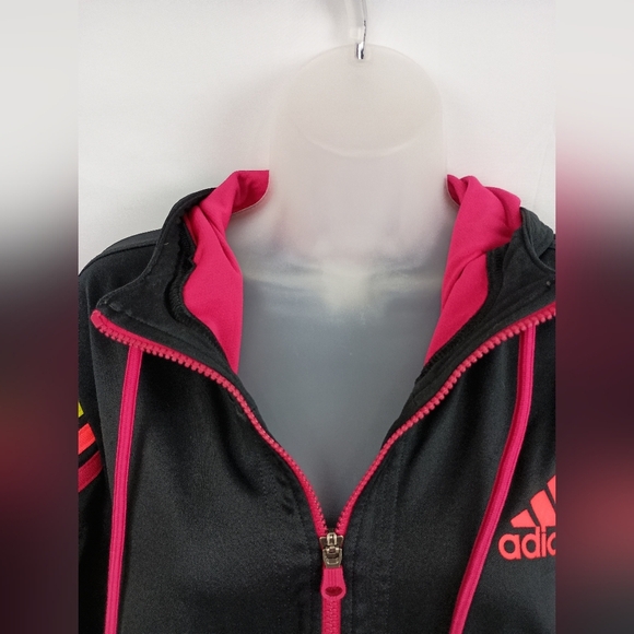 Adidas Athletic Black Zip-Up Hoodie Hot Pink and Yellow Stripes (#1,303)(C) - Picture 3 of 7